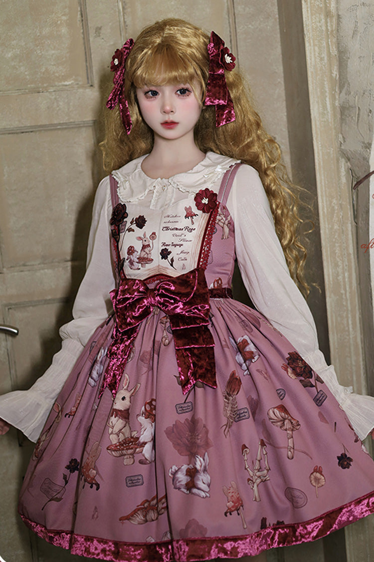 Lolita JSK Dress - Rabbit Sunflower Print Ruffle, Red, Short Version, Detachable Detail - additional product view 3