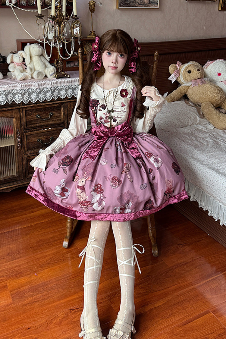 Lolita JSK Dress - Rabbit Sunflower Print Ruffle, Red, Short Version, Detachable Detail - additional product view 5