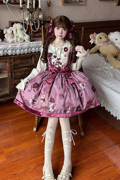 Lolita JSK Dress - Rabbit Sunflower Print Ruffle, Red, Short Version, Detachable Detail - additional product view 5