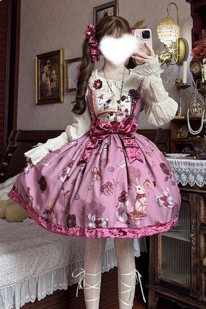 Lolita JSK Dress - Rabbit Sunflower Print Ruffle, Red, Short Version, Detachable Detail - additional product view 6