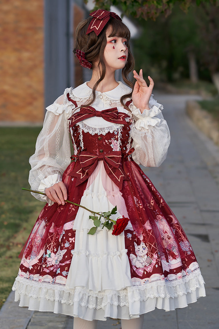 Lolita JSK Dress - Raccoon Hydrangea Print, 2 Colors, Layered, Sweet Style, Bow Detail - additional product view 2