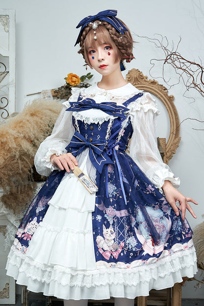 Lolita JSK Dress - Raccoon Hydrangea Print, 2 Colors, Layered, Sweet Style, Bow Detail - M Blue / L Blue option