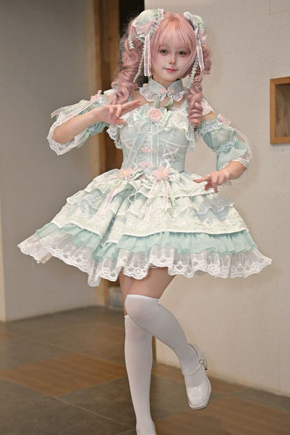 Lolita JSK Dress - Rain Of Peaches, Green, Lace Trim, Layered, Sweet Style - additional product view 3