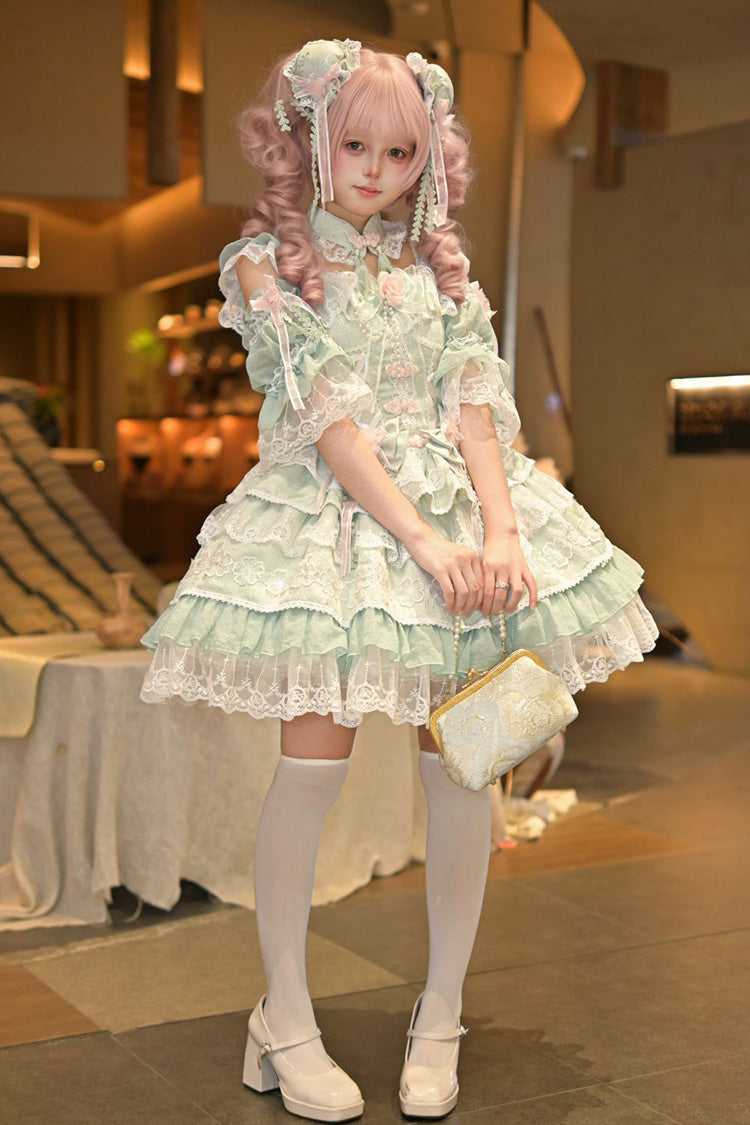 Lolita JSK Dress - Rain Of Peaches, Green, Lace Trim, Layered, Sweet Style - additional product view 4