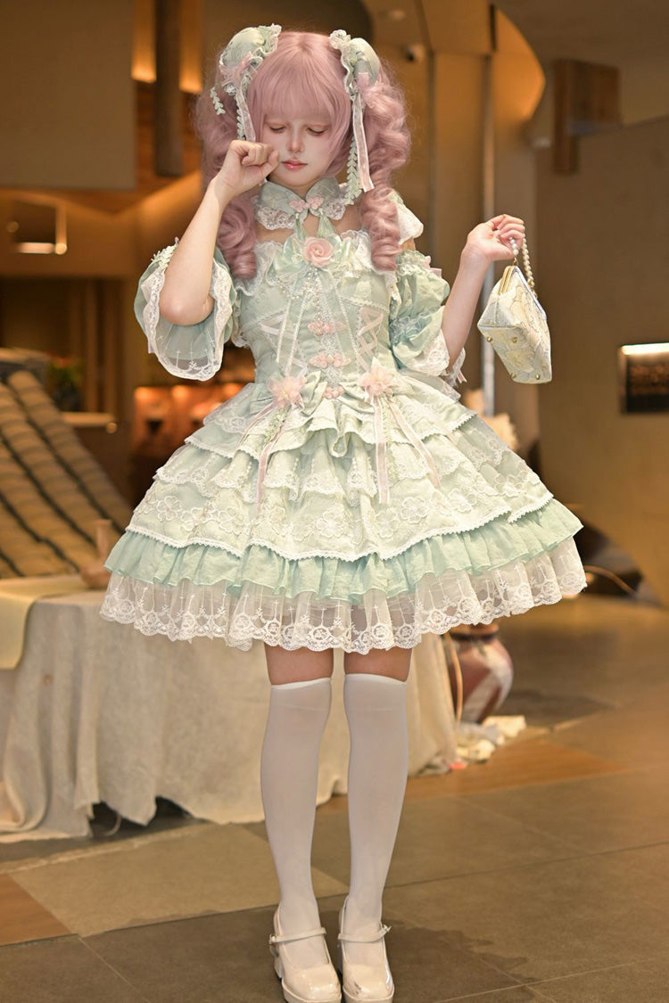 Lolita JSK Dress - Rain Of Peaches, Green, Lace Trim, Layered, Sweet Style - additional product view 6