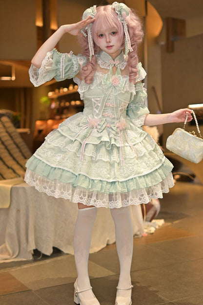 Lolita JSK Dress - Rain Of Peaches, Green, Lace Trim, Layered, Sweet Style - main product image