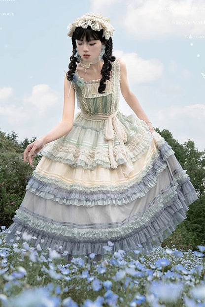 Lolita JSK Dress - Rainbow Cloud Gradient, 2 Colors, Sweet Style, Bow Detail, Lace Trim - additional product view 8