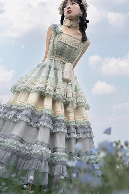 Lolita JSK Dress - Rainbow Cloud Gradient, 2 Colors, Sweet Style, Bow Detail, Lace Trim - additional product view 10