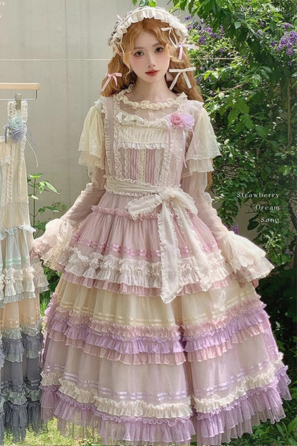 Lolita JSK Dress - Rainbow Cloud Gradient, 2 Colors, Sweet Style, Bow Detail, Lace Trim - S Pink/Purple / M Pink/Purple / L Pink/Purple option