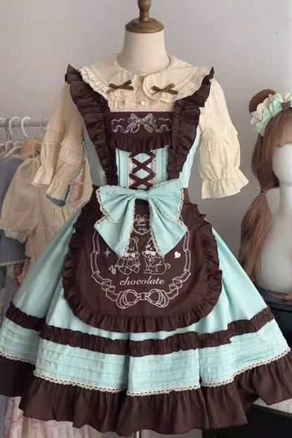 Lolita JSK Dress - Raw Chocolate Mille Crepe, 3 Colors, Sweet Style, Bow Detail, Ruffled - S Blue / M Blue / L Blue option