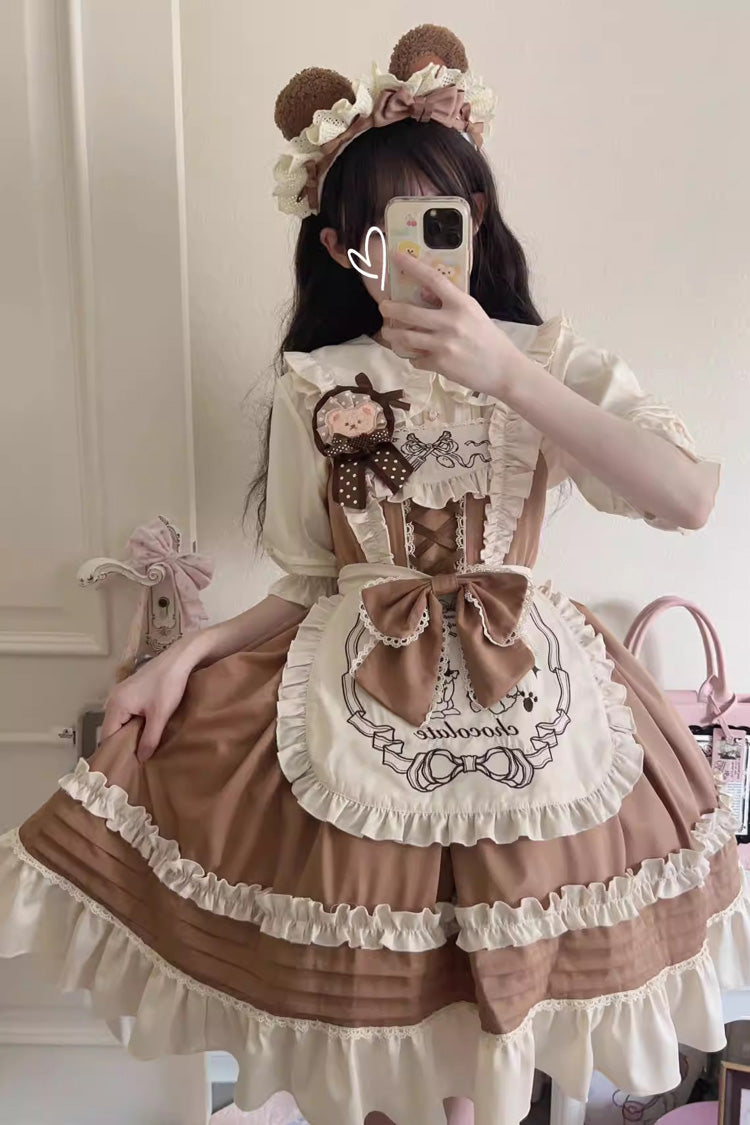 Lolita JSK Dress - Raw Chocolate Mille Crepe, 3 Colors, Sweet Style, Bow Detail, Ruffled - S Khaki / M Khaki / L Khaki option
