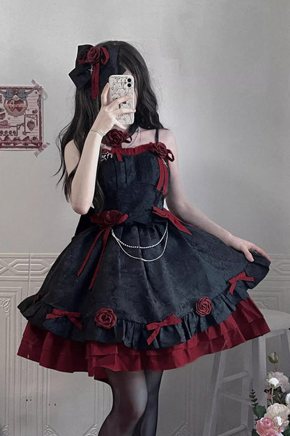 Lolita JSK Dress - Red/black Print, 2 Colors, Printed, Gothic Style, Bow Detail - main product image
