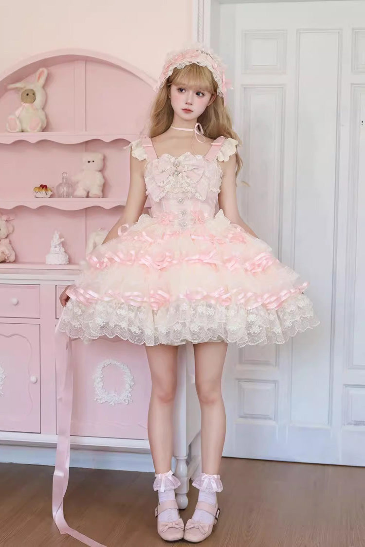 Lolita JSK Dress - Rose Feather Waltz, Pink, Ballet-Inspired Style, Bow Detail, Lace Trim - additional product view 2