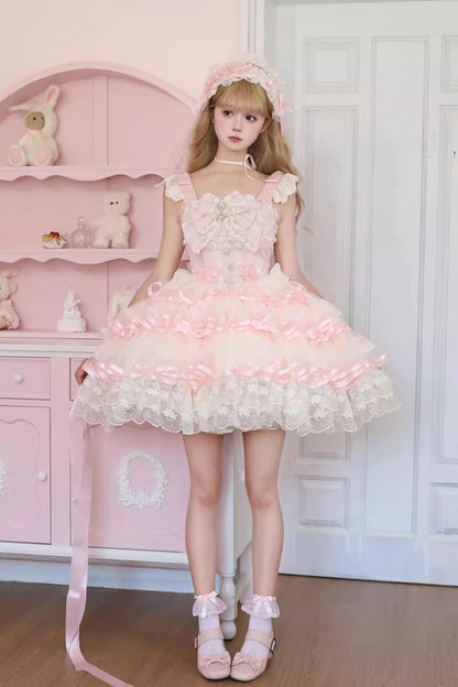 Lolita JSK Dress - Rose Feather Waltz, Pink, Ballet-Inspired Style, Bow Detail, Lace Trim - additional product view 2