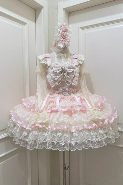 Lolita JSK Dress - Rose Feather Waltz, Pink, Ballet-Inspired Style, Bow Detail, Lace Trim - additional product view 3