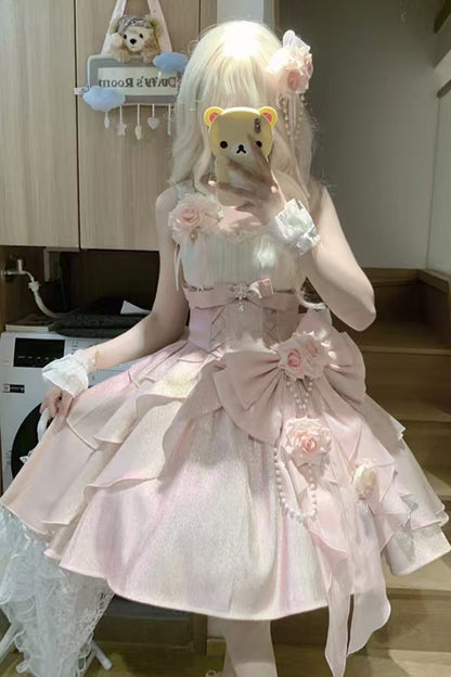 Lolita JSK Dress - Rose Heart Knot, Pink, Bow Detail, Ruffled, Sweet Style - additional product view 3