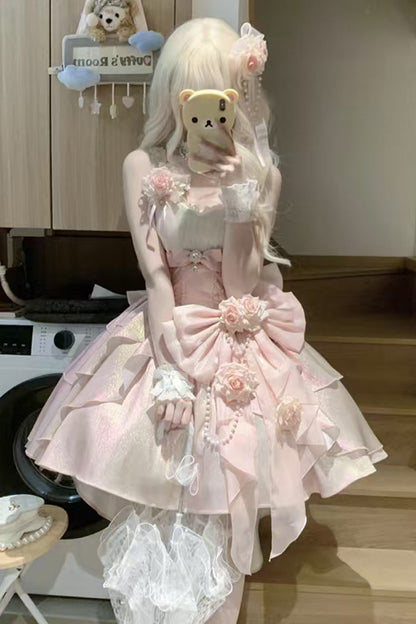 Lolita JSK Dress - Rose Heart Knot, Pink, Bow Detail, Ruffled, Sweet Style - additional product view 4