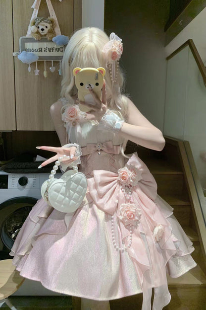 Lolita JSK Dress - Rose Heart Knot, Pink, Bow Detail, Ruffled, Sweet Style - additional product view 5