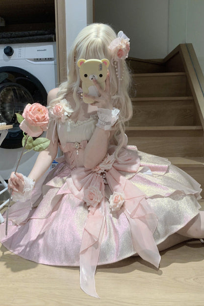 Lolita JSK Dress - Rose Heart Knot, Pink, Bow Detail, Ruffled, Sweet Style - additional product view 6