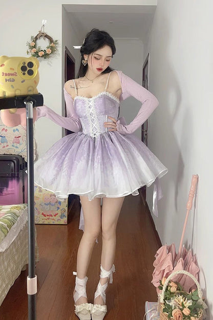 Lolita JSK Dress - Ruffle Bowknot Princess Fish, Purple, Ruffled, Sweet Style, Bow Detail - main product image