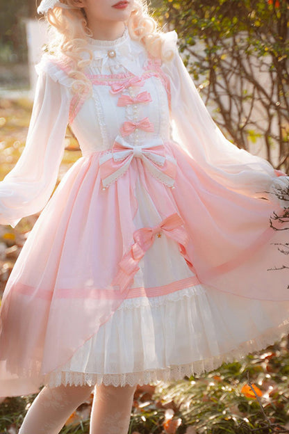 Lolita JSK Dress - Ruffle Cardigan Bowknot Lace, Pink, Plus Size, Bow Detail, Lace Trim - additional product view 7