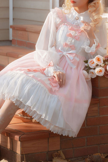 Lolita JSK Dress - Ruffle Cardigan Bowknot Lace, Pink, Plus Size, Bow Detail, Lace Trim - additional product view 10