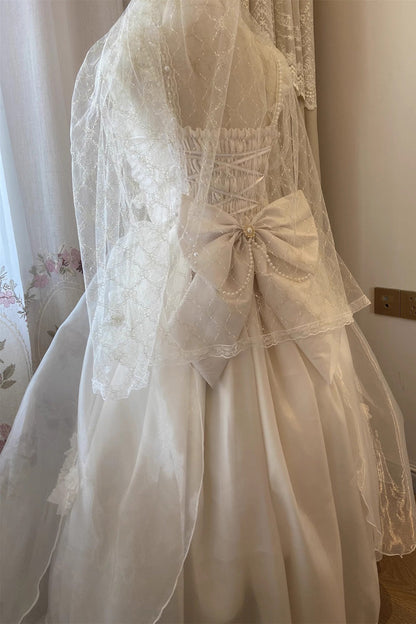 Lolita JSK Dress - Ruffle Hanayome Bowknot Lace, White, Sweet Style, Bow Detail, Lace Trim - additional product view 2