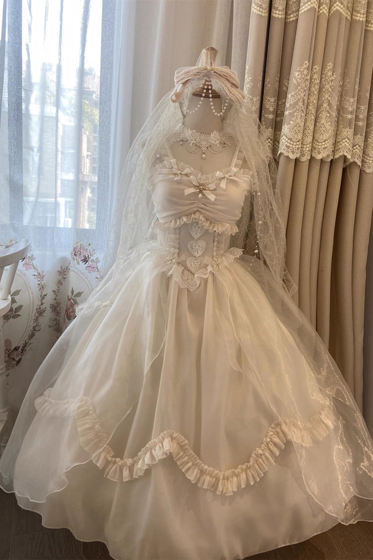 Lolita JSK Dress - Ruffle Hanayome Bowknot Lace, White, Sweet Style, Bow Detail, Lace Trim - main product image