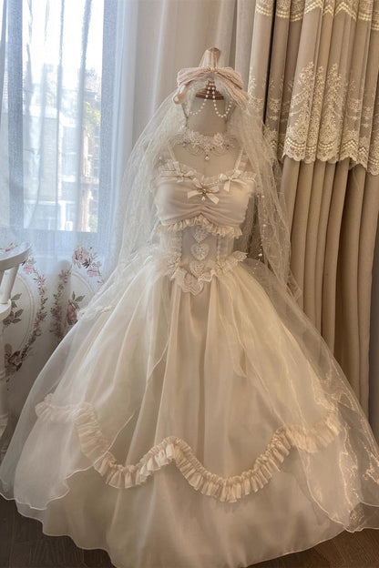 Lolita JSK Dress - Ruffle Hanayome Bowknot Lace, White, Sweet Style, Bow Detail, Lace Trim - main product image
