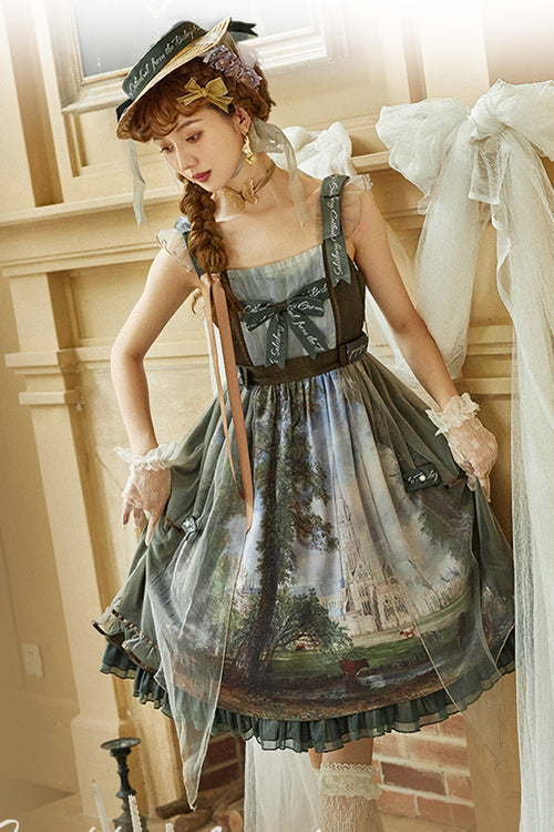 Lolita JSK Dress - Salisbury Cathedral Oil Painting, Green, Classic Style, Printed - additional product view 3