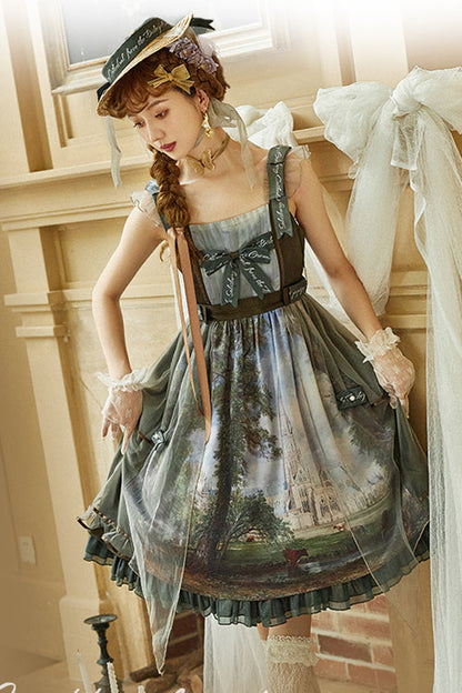 Lolita JSK Dress - Salisbury Cathedral Oil Painting, Green, Classic Style, Printed - additional product view 3