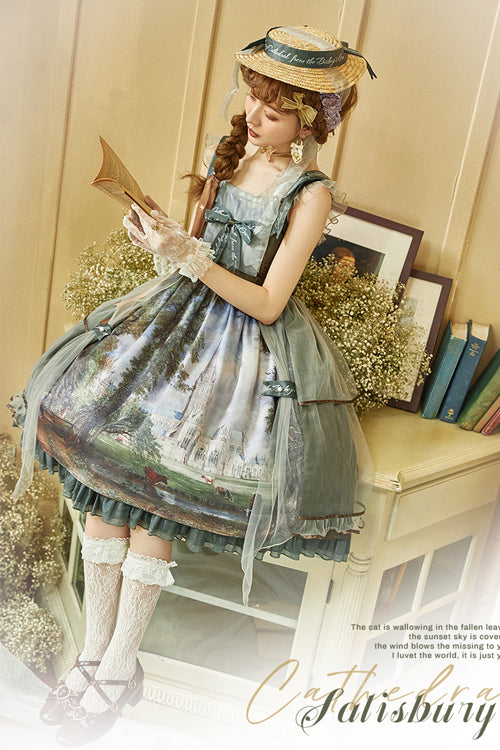 Lolita JSK Dress - Salisbury Cathedral Oil Painting, Green, Classic Style, Printed - additional product view 4