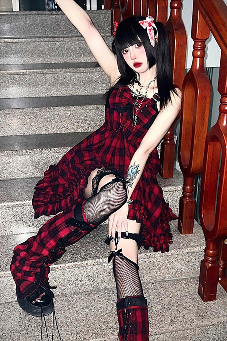 Lolita JSK Dress - Scarlet Abby Style Irregular, Red, Plaid, Gothic Style, Printed - additional product view 3