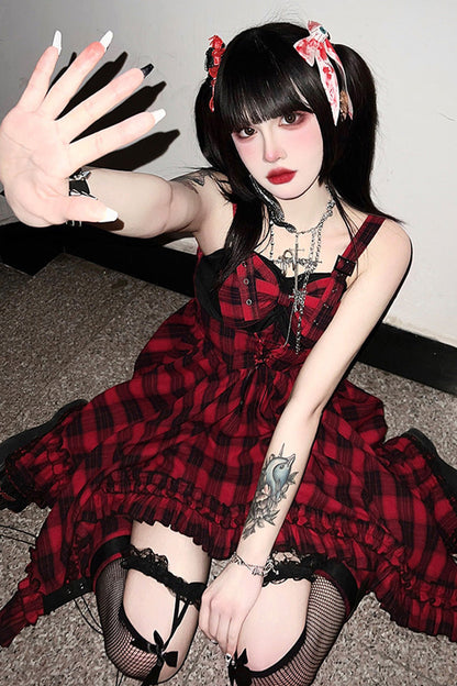 Lolita JSK Dress - Scarlet Abby Style Irregular, Red, Plaid, Gothic Style, Printed - additional product view 4