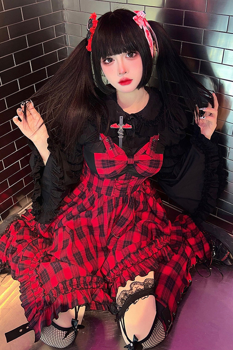 Lolita JSK Dress - Scarlet Abby Style Irregular, Red, Plaid, Gothic Style, Printed - additional product view 5