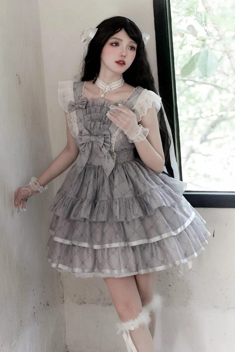 Lolita JSK Dress - Sleepless Dreams Multi-layer, Gray, Printed, Sweet Style, Bow Detail - additional product view 4