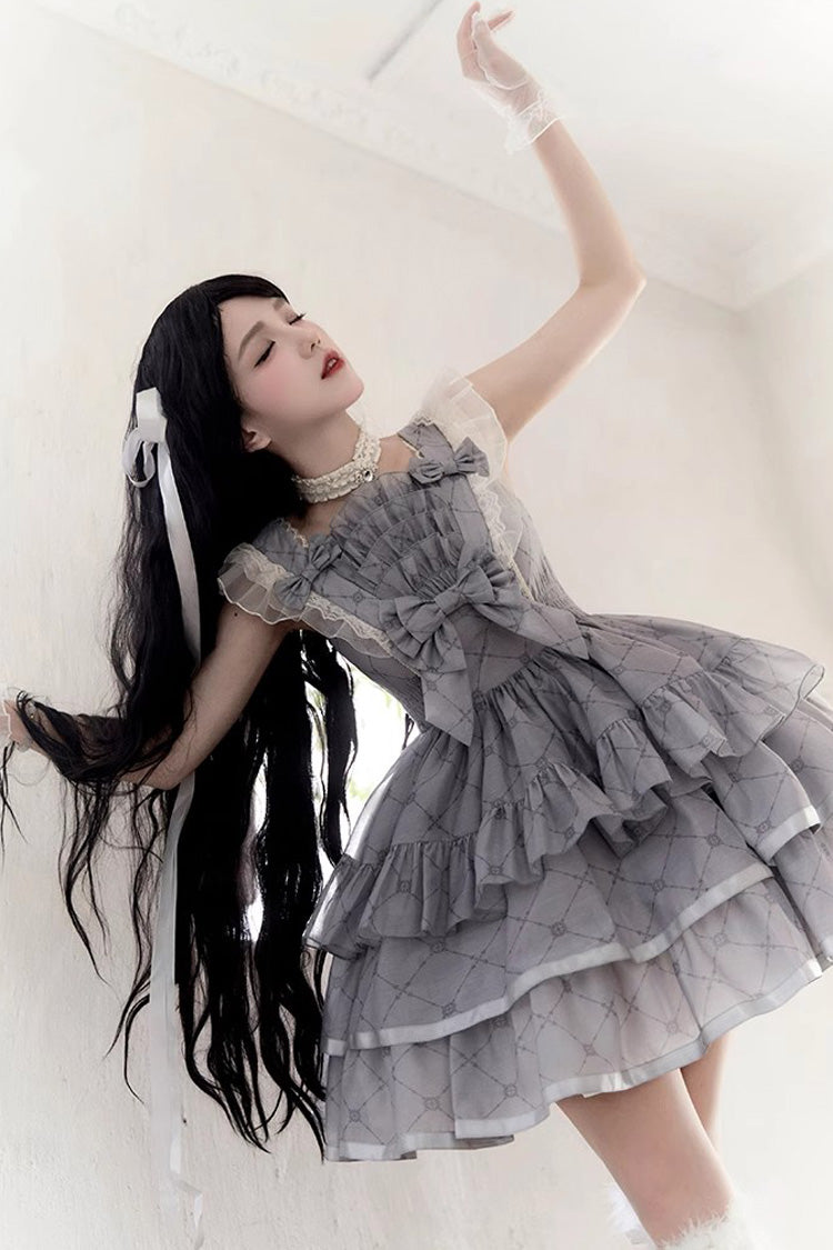 Lolita JSK Dress - Sleepless Dreams Multi-layer, Gray, Printed, Sweet Style, Bow Detail - additional product view 5