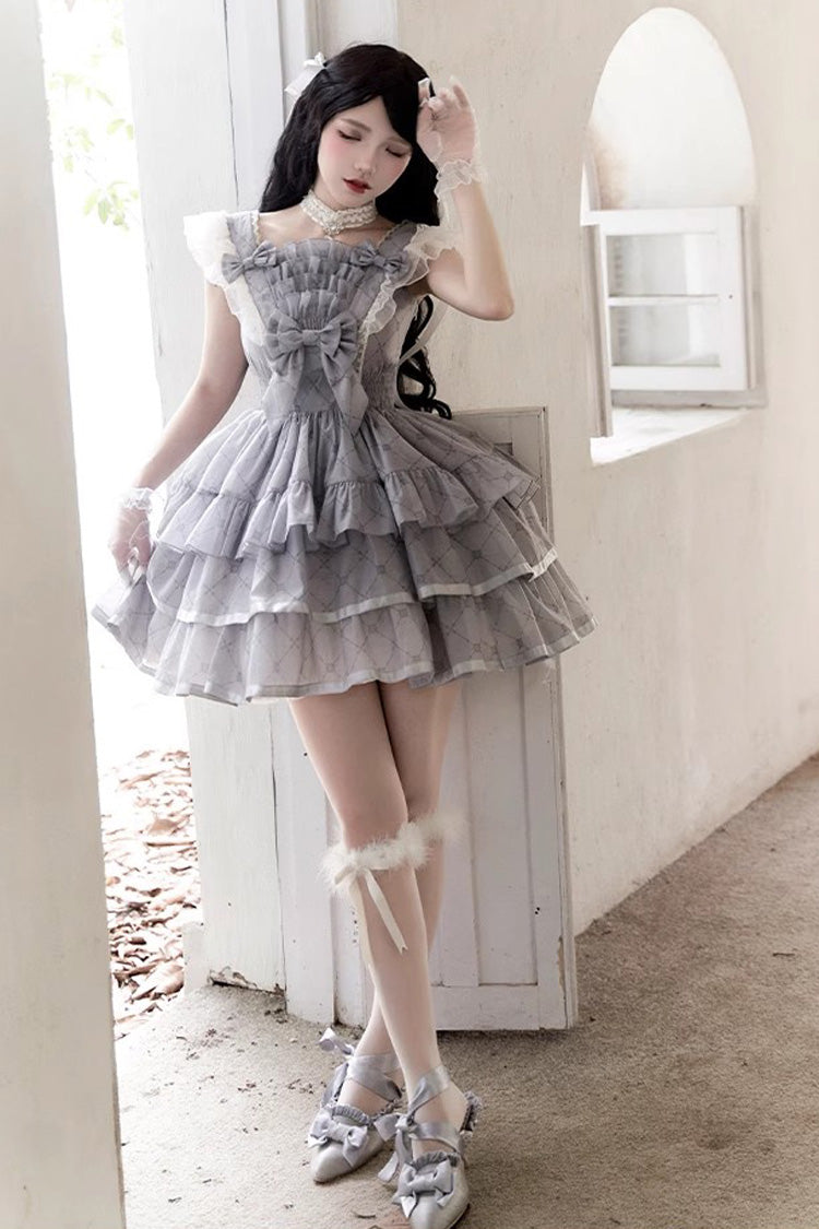 Lolita JSK Dress - Sleepless Dreams Multi-layer, Gray, Printed, Sweet Style, Bow Detail - main product image