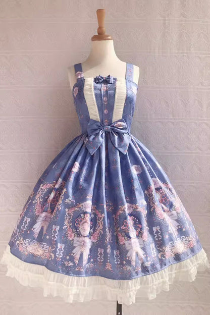 Lolita JSK Dress - Small Delicate Print, 4 Colors, Sweet Style, Bow Detail, Ruffled - XS Blue / S Blue / M Blue option