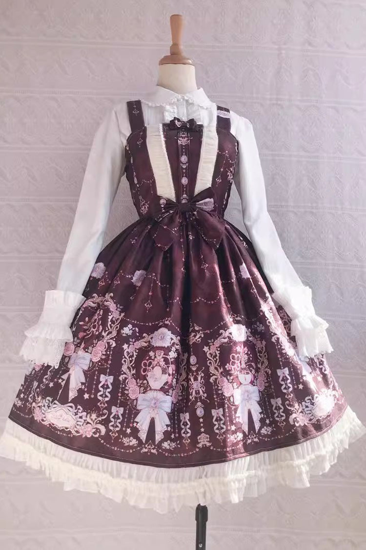 Lolita JSK Dress - Small Delicate Print, 4 Colors, Sweet Style, Bow Detail, Ruffled - XS Brown / S Brown / M Brown option