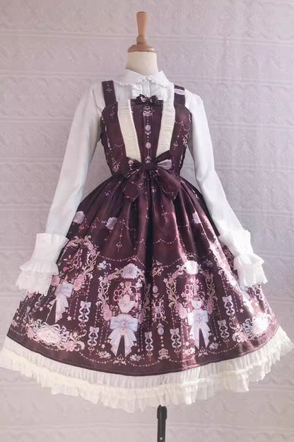 Lolita JSK Dress - Small Delicate Print, 4 Colors, Sweet Style, Bow Detail, Ruffled - XS Brown / S Brown / M Brown option
