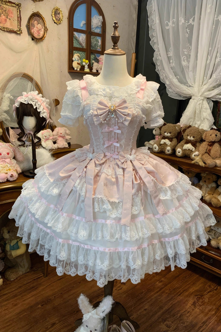 Lolita JSK Dress - Snow Kissed Romance, Pink, High Waist, Bow Detail, Lace Trim - additional product view 3