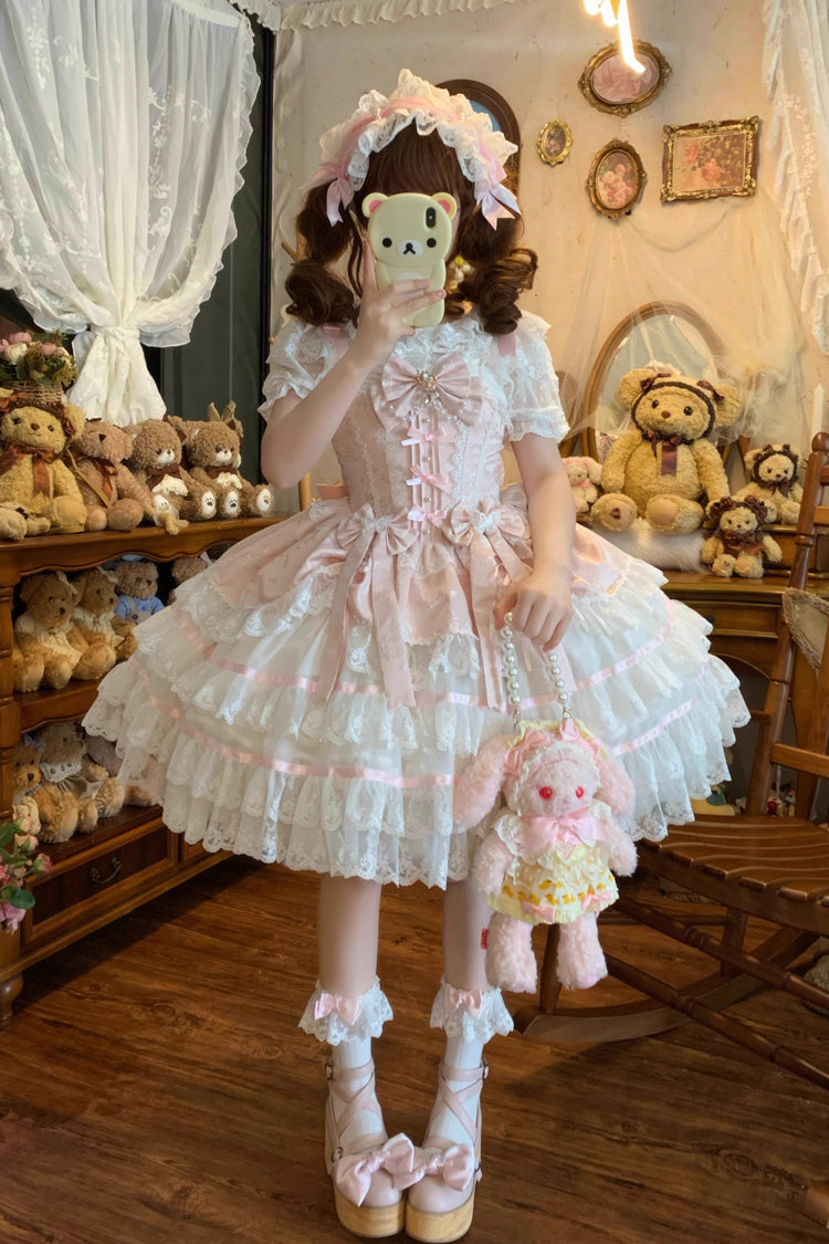Lolita JSK Dress - Snow Kissed Romance, Pink, High Waist, Bow Detail, Lace Trim - additional product view 5
