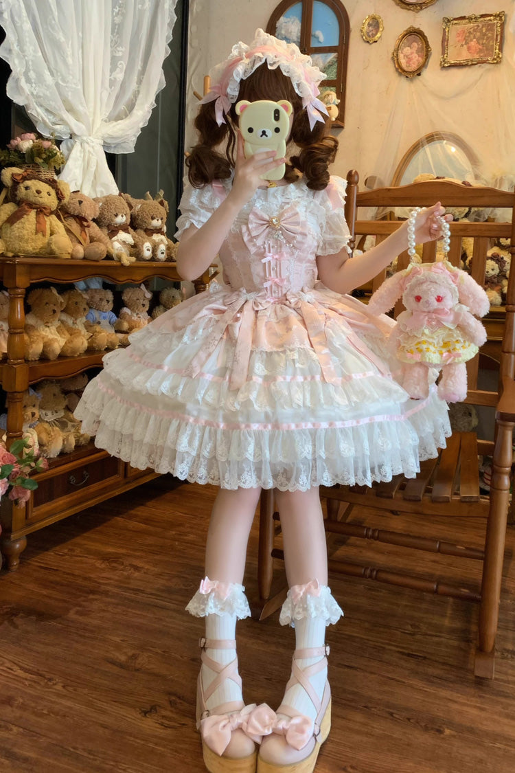 Lolita JSK Dress - Snow Kissed Romance, Pink, High Waist, Bow Detail, Lace Trim - additional product view 6