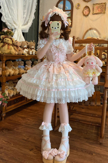 Lolita JSK Dress - Snow Kissed Romance, Pink, High Waist, Bow Detail, Lace Trim - additional product view 6