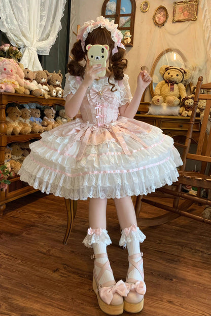 Lolita JSK Dress - Snow Kissed Romance, Pink, High Waist, Bow Detail, Lace Trim - additional product view 7
