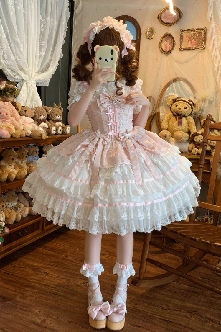 Lolita JSK Dress - Snow Kissed Romance, Pink, High Waist, Bow Detail, Lace Trim - additional product view 8