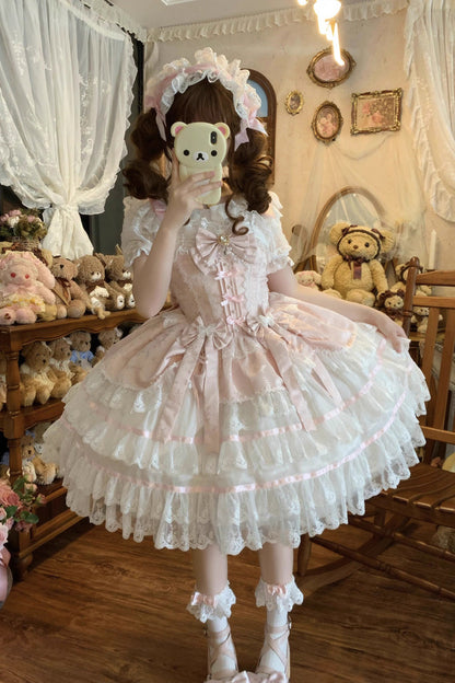 Lolita JSK Dress - Snow Kissed Romance, Pink, High Waist, Bow Detail, Lace Trim - main product image