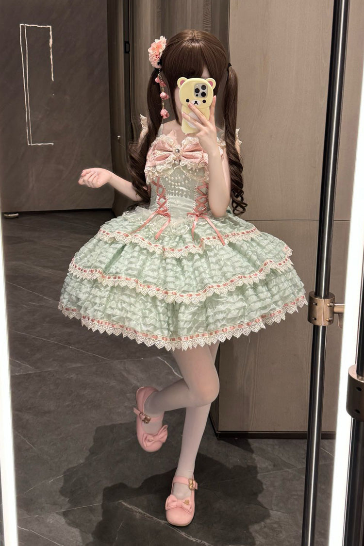 Lolita JSK Dress - Song Of Floral Letters, Green, Lace Trim, Layered, Lace-Up - additional product view 2