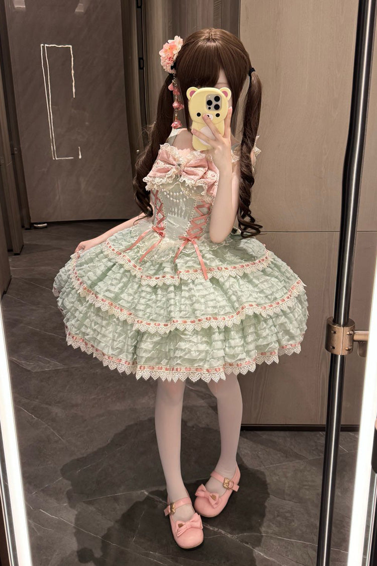Lolita JSK Dress - Song Of Floral Letters, Green, Lace Trim, Layered, Lace-Up - additional product view 3